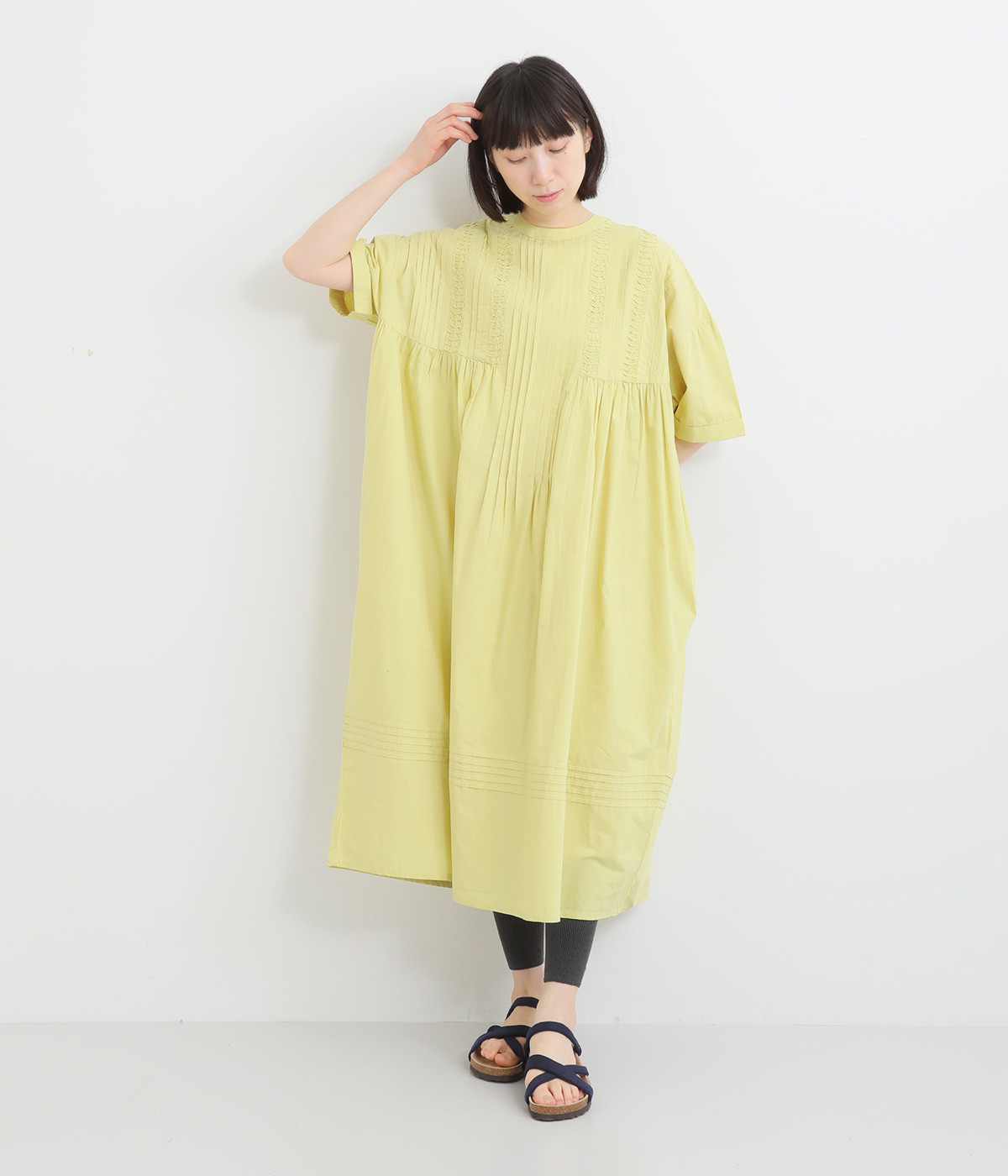タイプライター ピンタックシャツワンピース(ライムグリーン-ONESIZE)