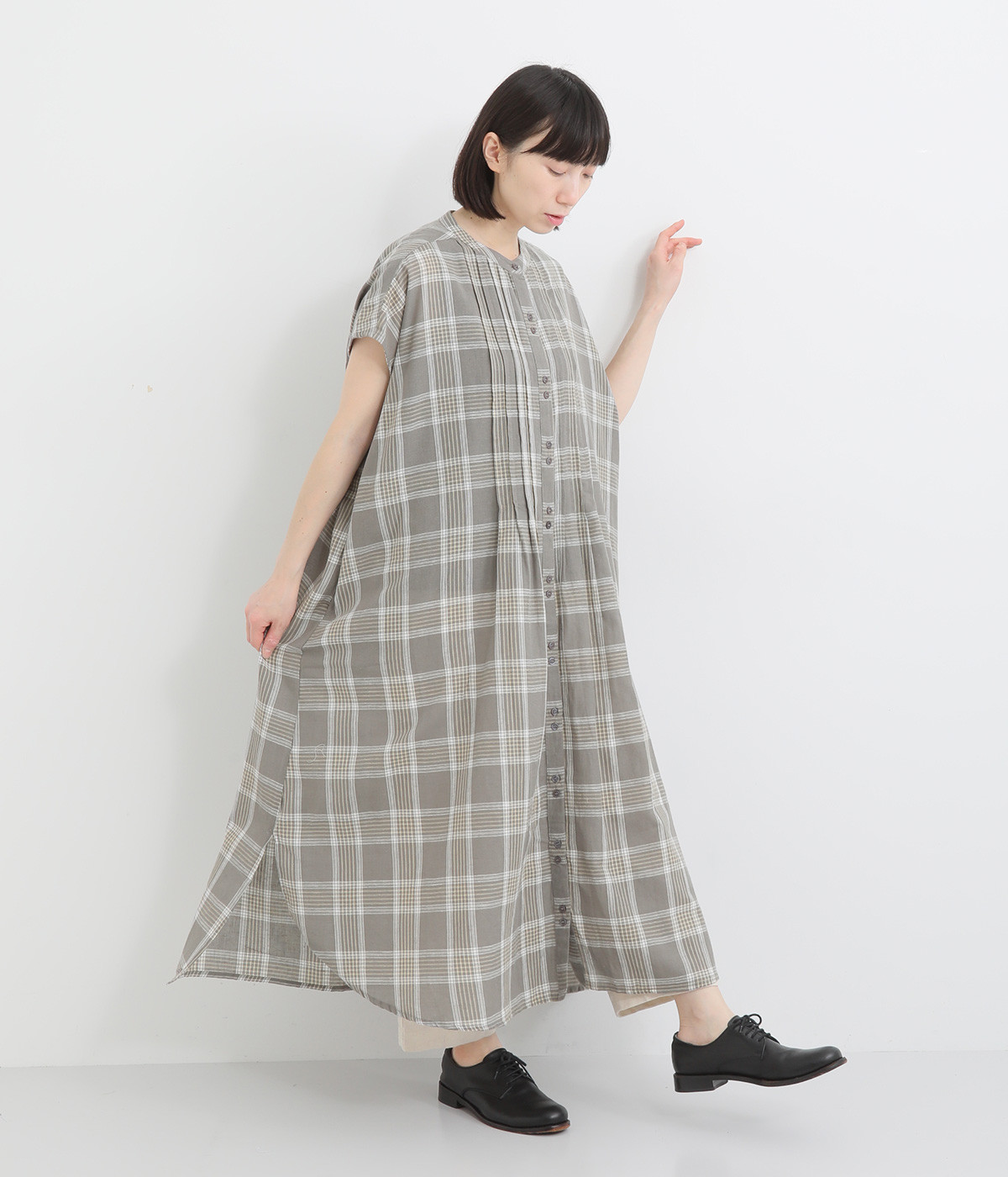 コットンリネン ノースリーブワンピース(グレーチェック-ONESIZE)
