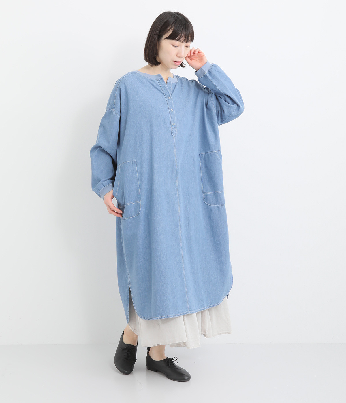 5.5ozデニム ワークデザインワンピース(ライトブルー-ONESIZE)