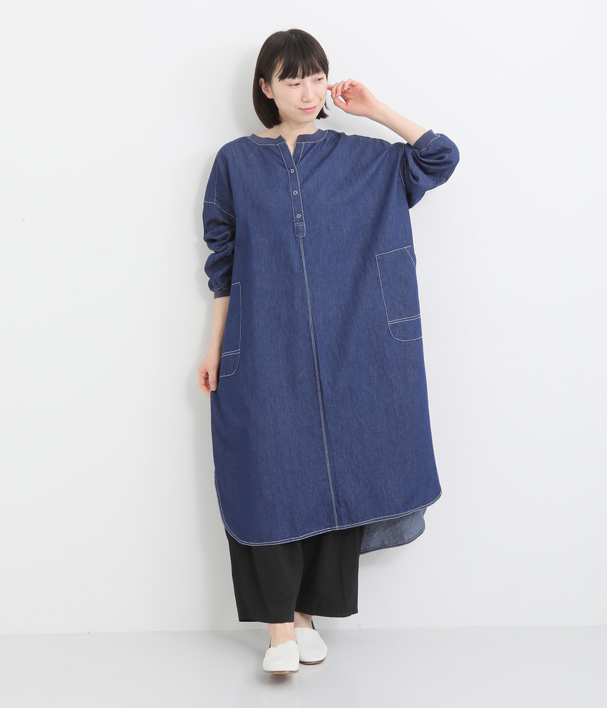 5.5ozデニム ワークデザインワンピース(ネイビーデニム-ONESIZE)