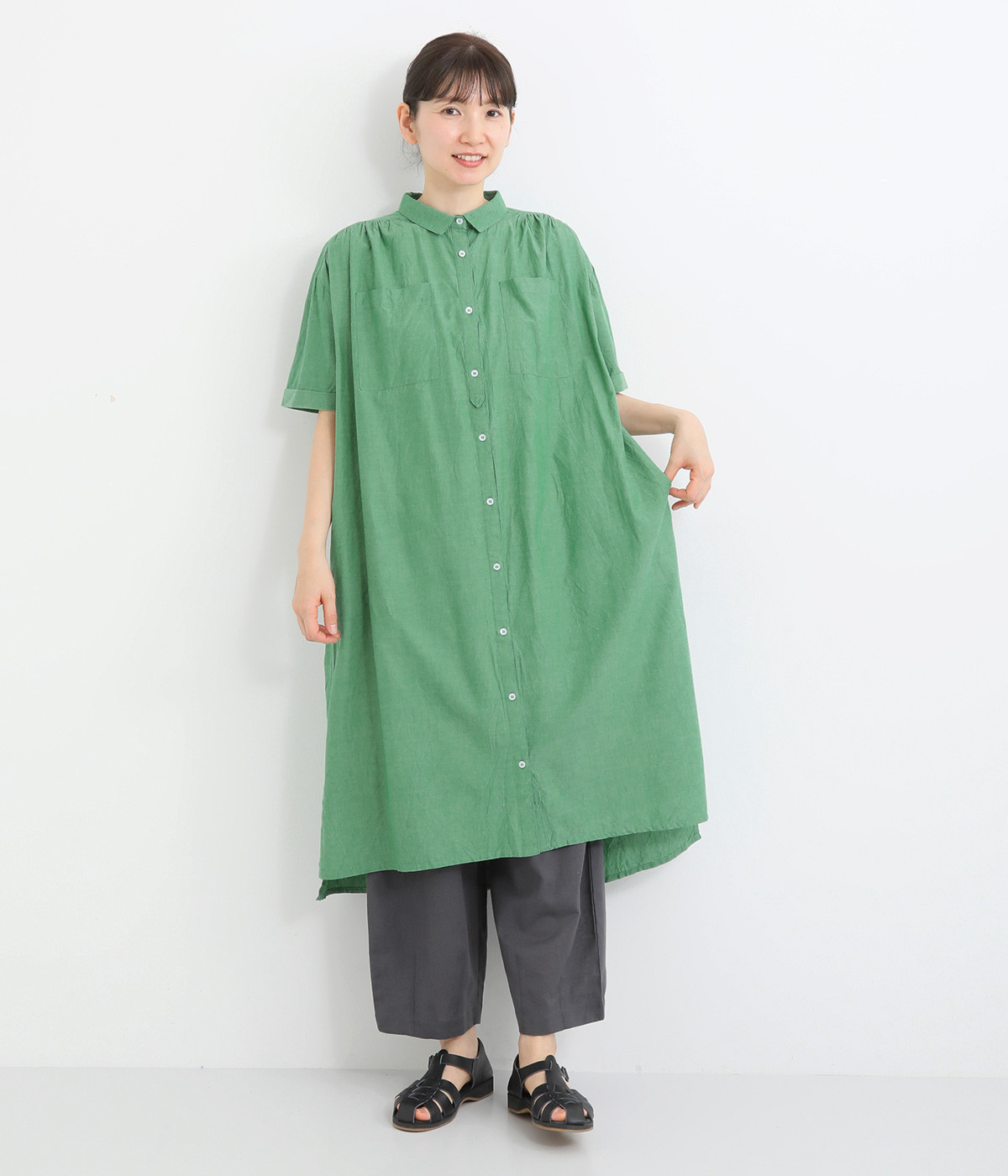 シャンブレー 半袖シャツワンピース(グリーン-ONESIZE)