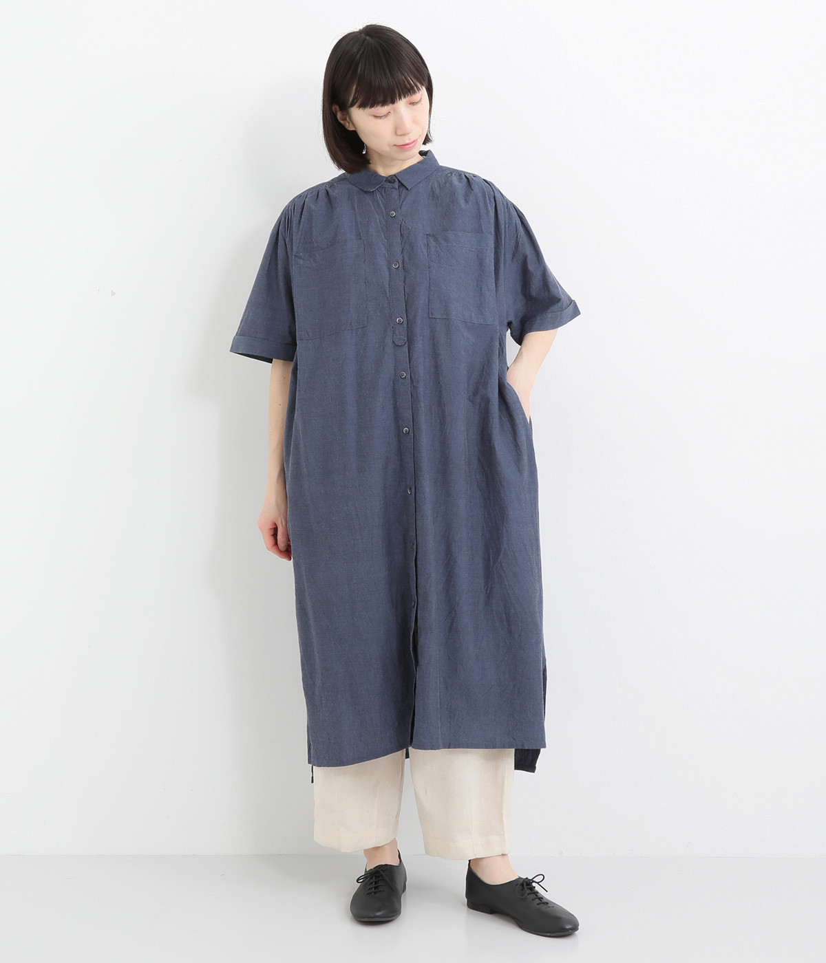 シャンブレー 半袖シャツワンピース(ネイビー-ONESIZE)
