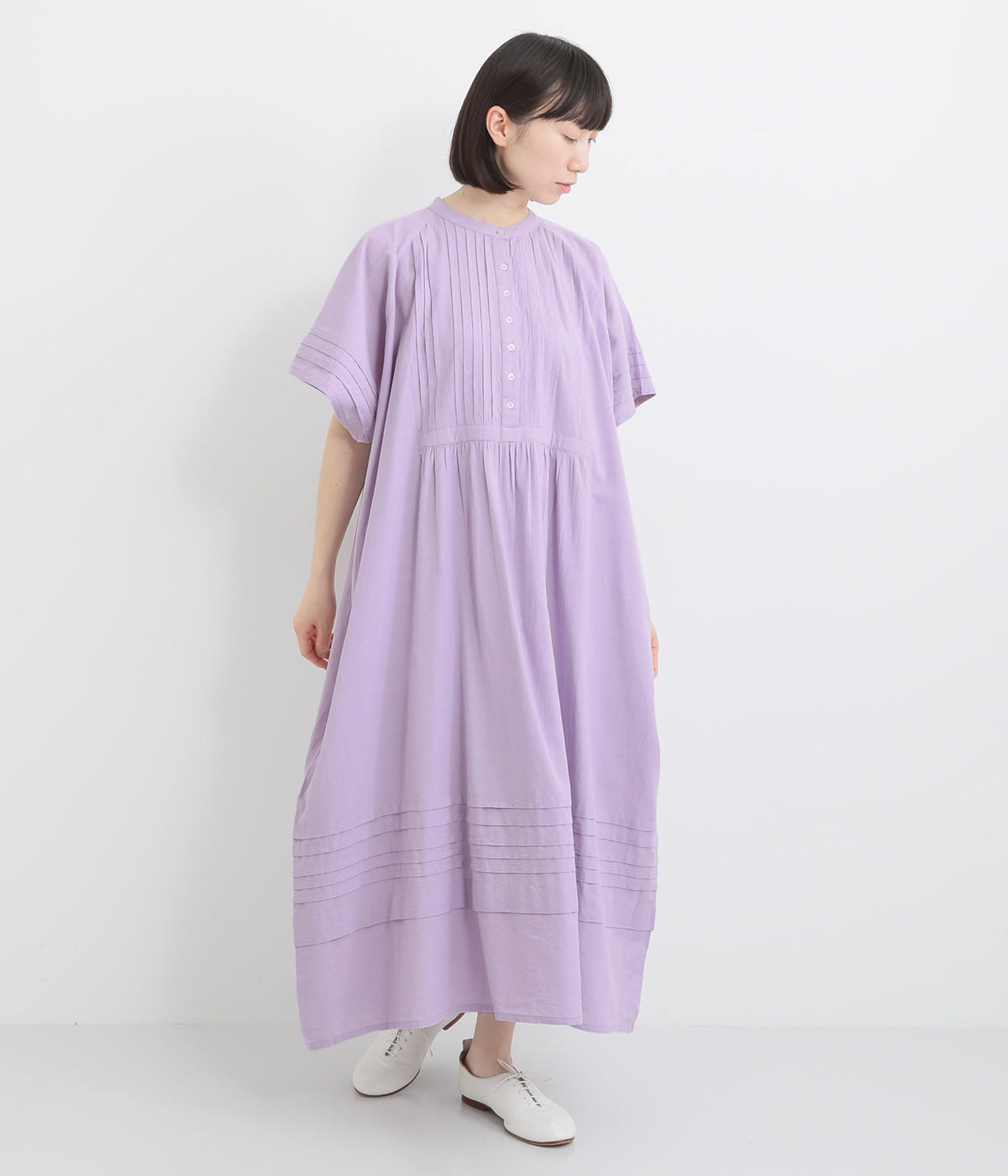 シャンブレー 半袖ピンタックワンピース(パープル-ONESIZE)