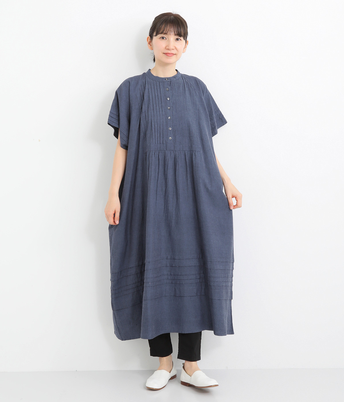 シャンブレー 半袖ピンタックワンピース(ネイビー-ONESIZE)