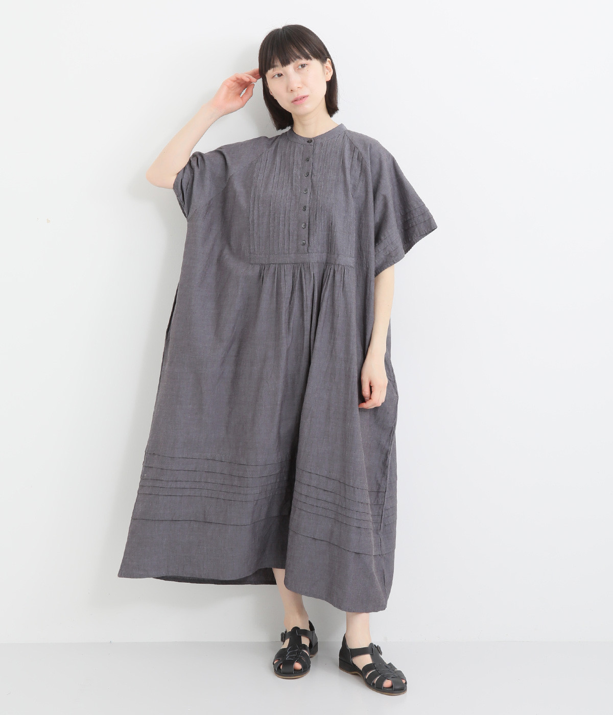 シャンブレー 半袖ピンタックワンピース(チャコール-ONESIZE)