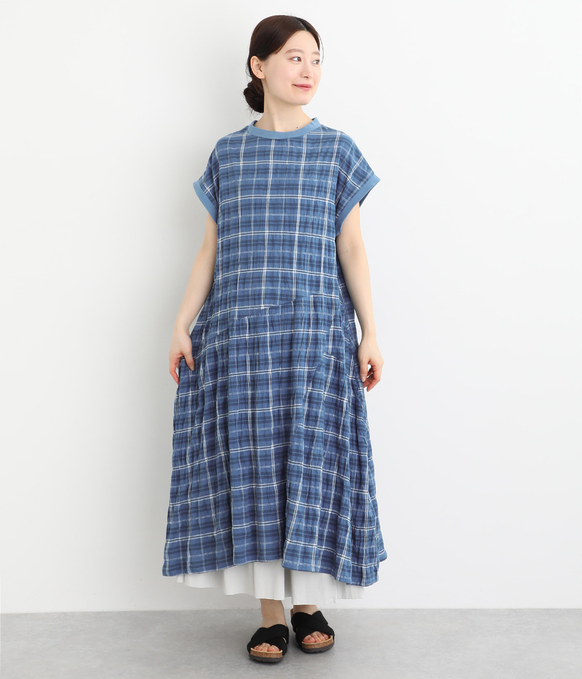 ミックスチェック切替ワンピース(ブルーグリーン-ONESIZE)