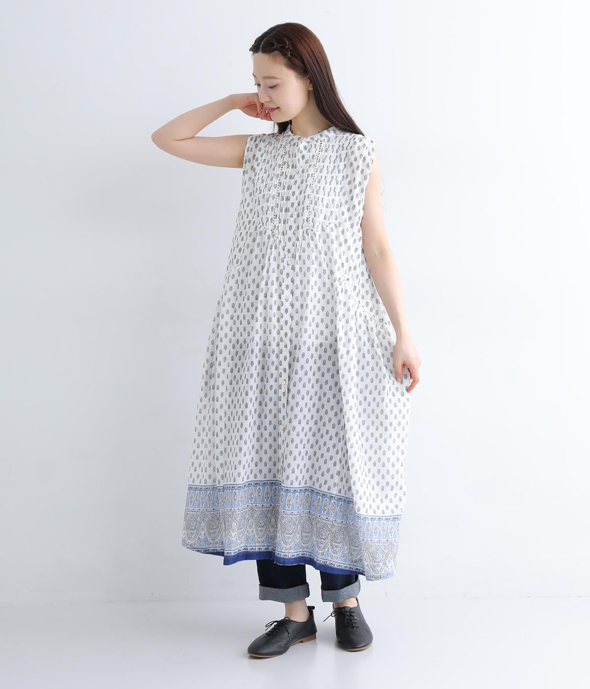 コットンボイルprint ノースリーブピンタックギャザーワンピース(ホワイト-ONESIZE)