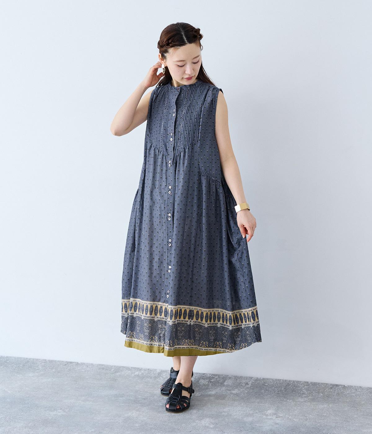 コットンボイルprint ノースリーブピンタックギャザーワンピース(ブルーグリーン-ONESIZE)