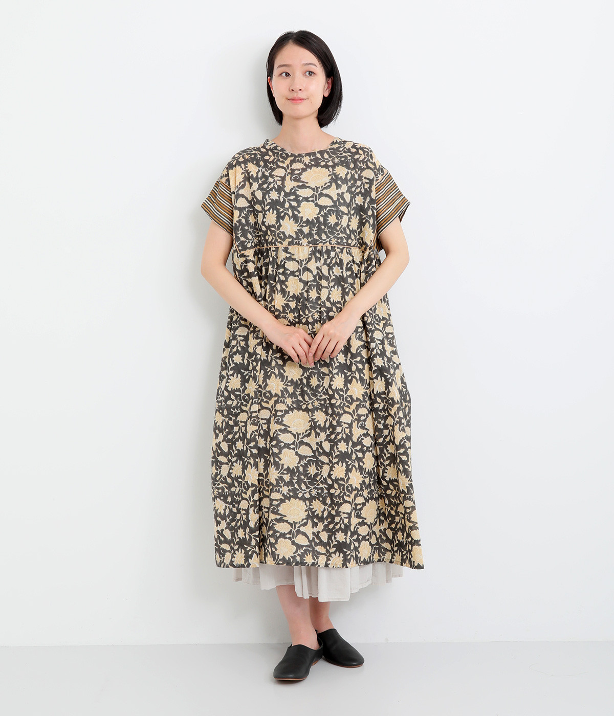 ブロックプリント 2wayワンピース(チャコール-ONESIZE)