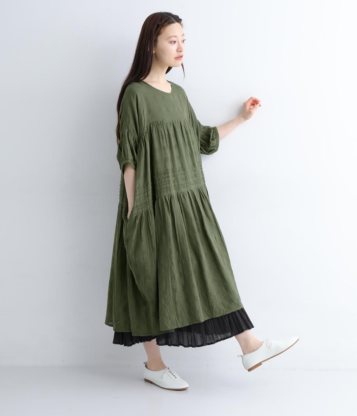 シアチェックギャザーティアードワンピース(カーキ-ONESIZE)