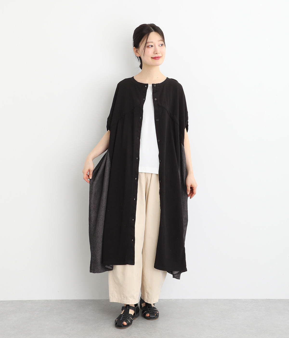 インディゴ天竺ドッキング前開きワンピース(ブラックデニム-ONESIZE)