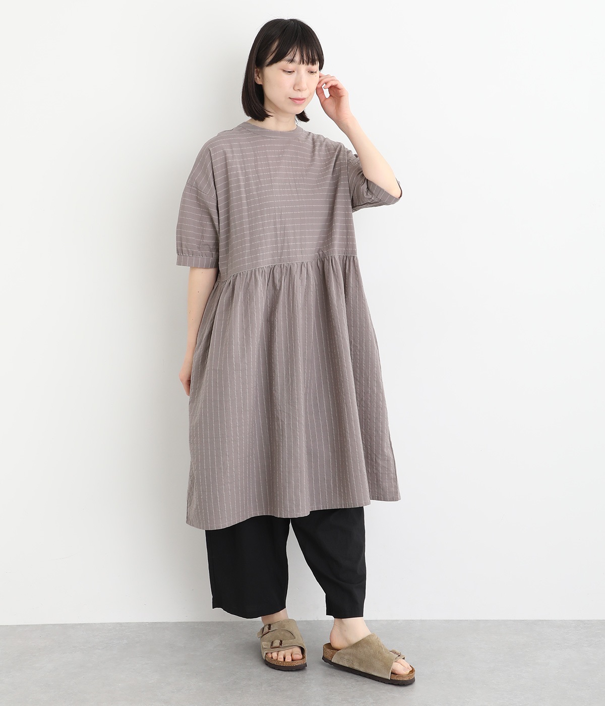 ボーダー布帛 2way切替ワンピース(グレー-ONESIZE)