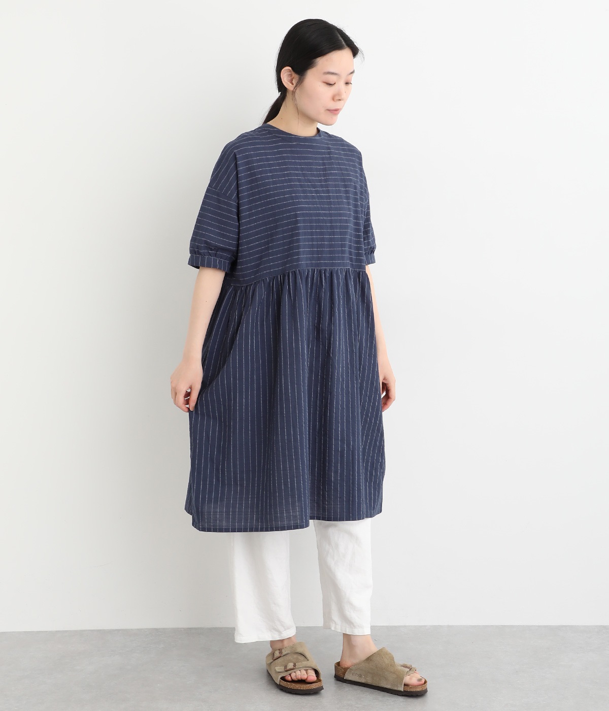 ボーダー布帛 2way切替ワンピース(ネイビー-ONESIZE)