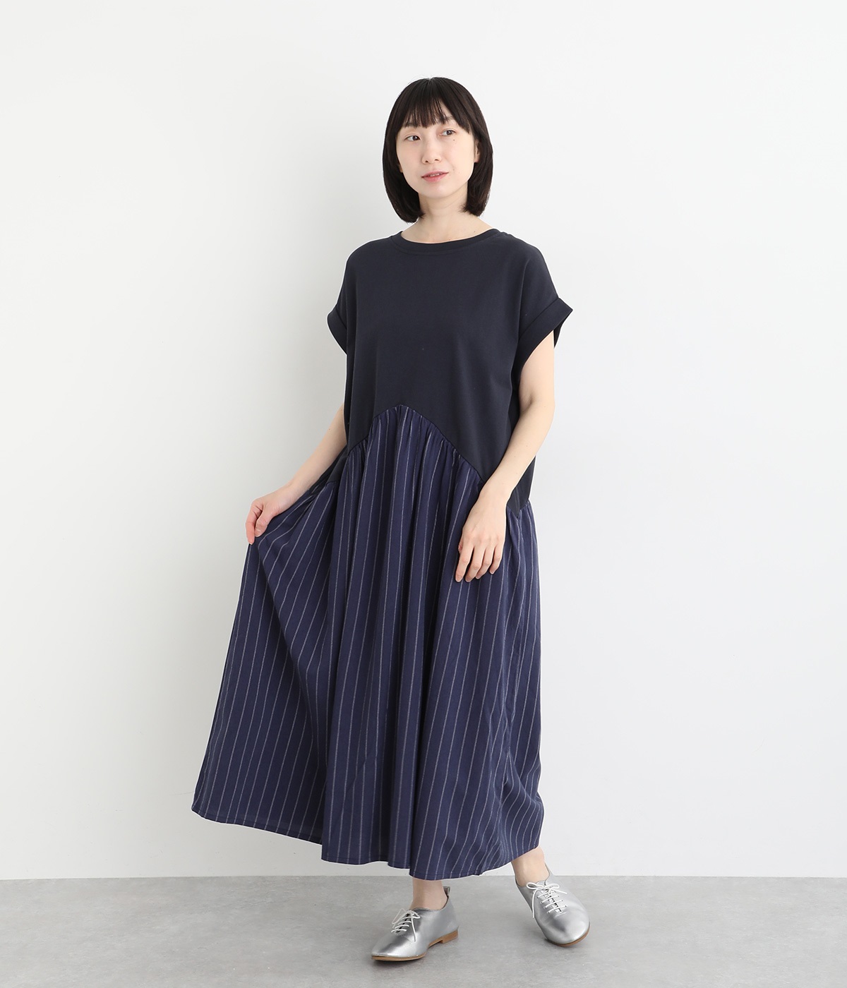 リネン混ストライプ ドッキングワンピース(ネイビーストライプ-ONESIZE)