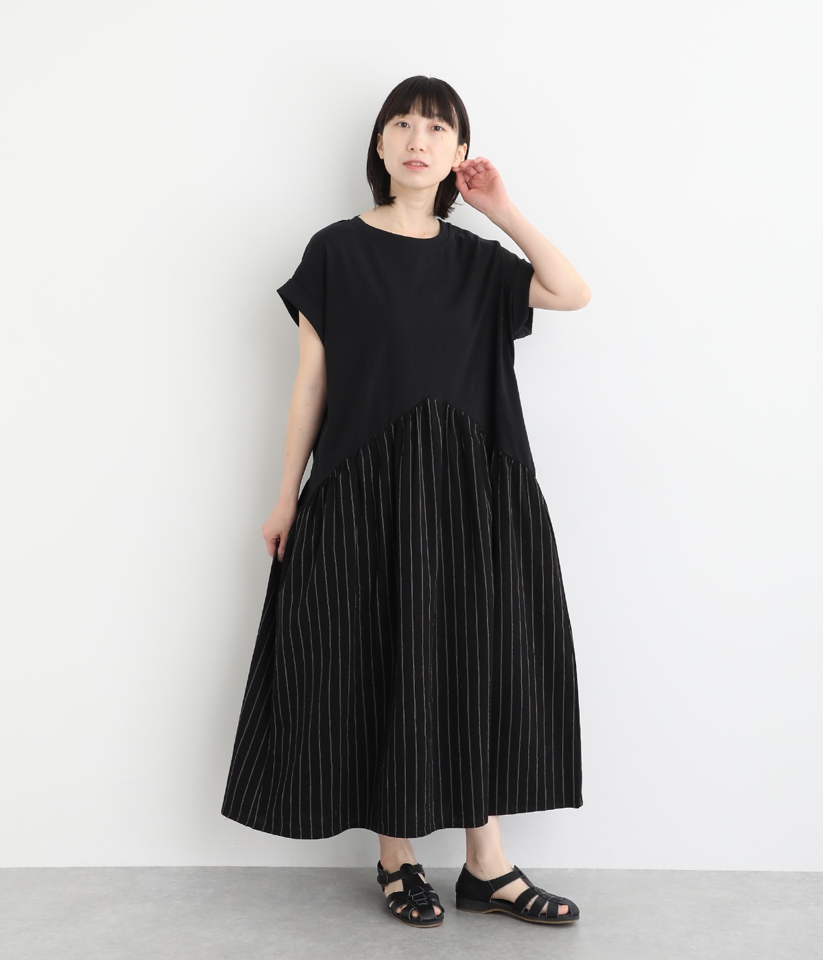 リネン混ストライプ ドッキングワンピース(ブラックストライプ-ONESIZE)