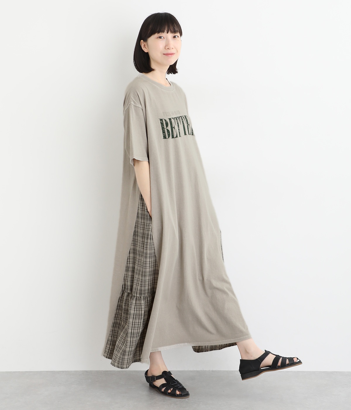 18s天竺ピグメント プリントワンピース(グレージュ-ONESIZE)