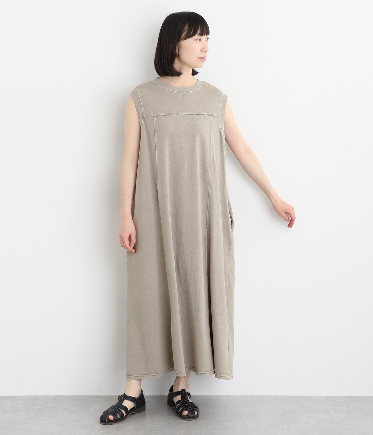 18s天竺ピグメント ノースリーブワンピース(グレージュ-ONESIZE)