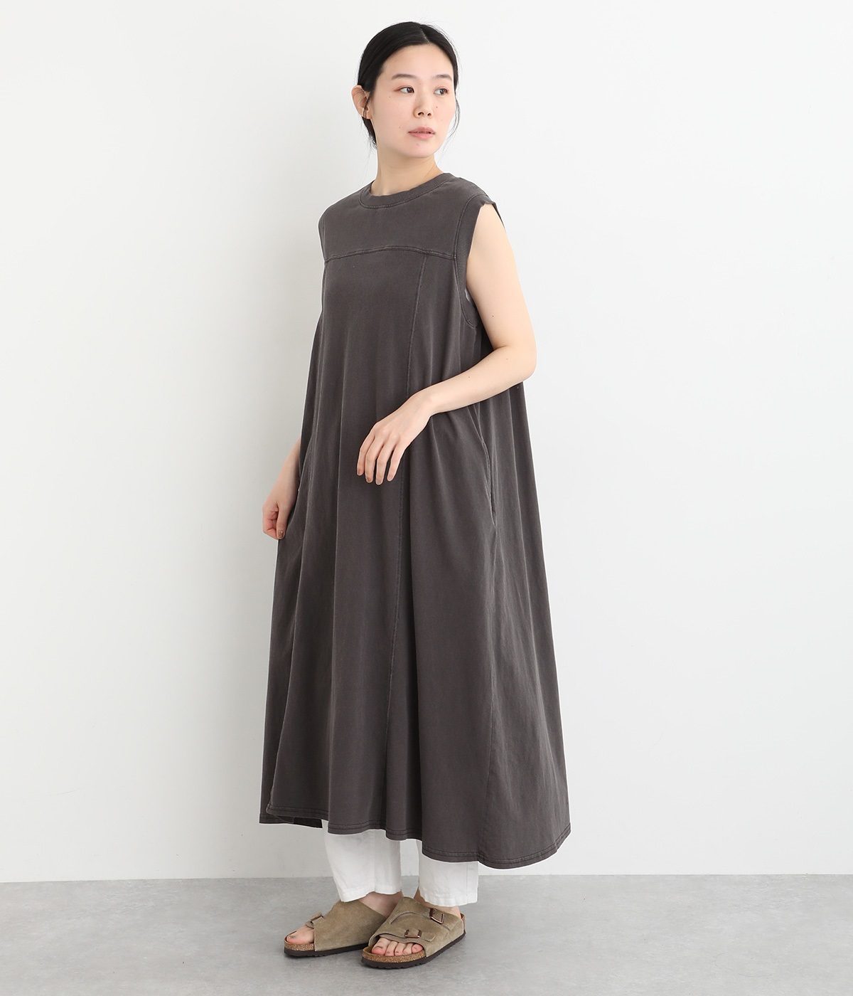 18s天竺ピグメント ノースリーブワンピース(チャコール-ONESIZE)