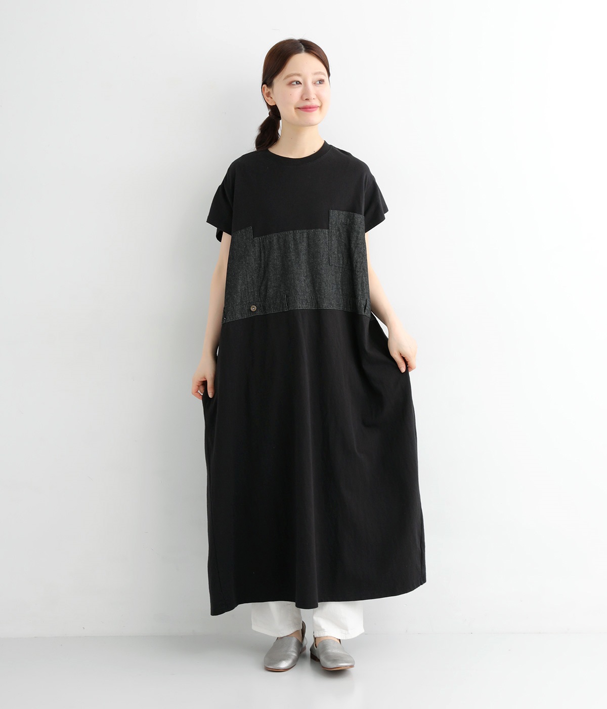 5.5OZデニム切替ワンピース(ブラックデニム-ONESIZE)