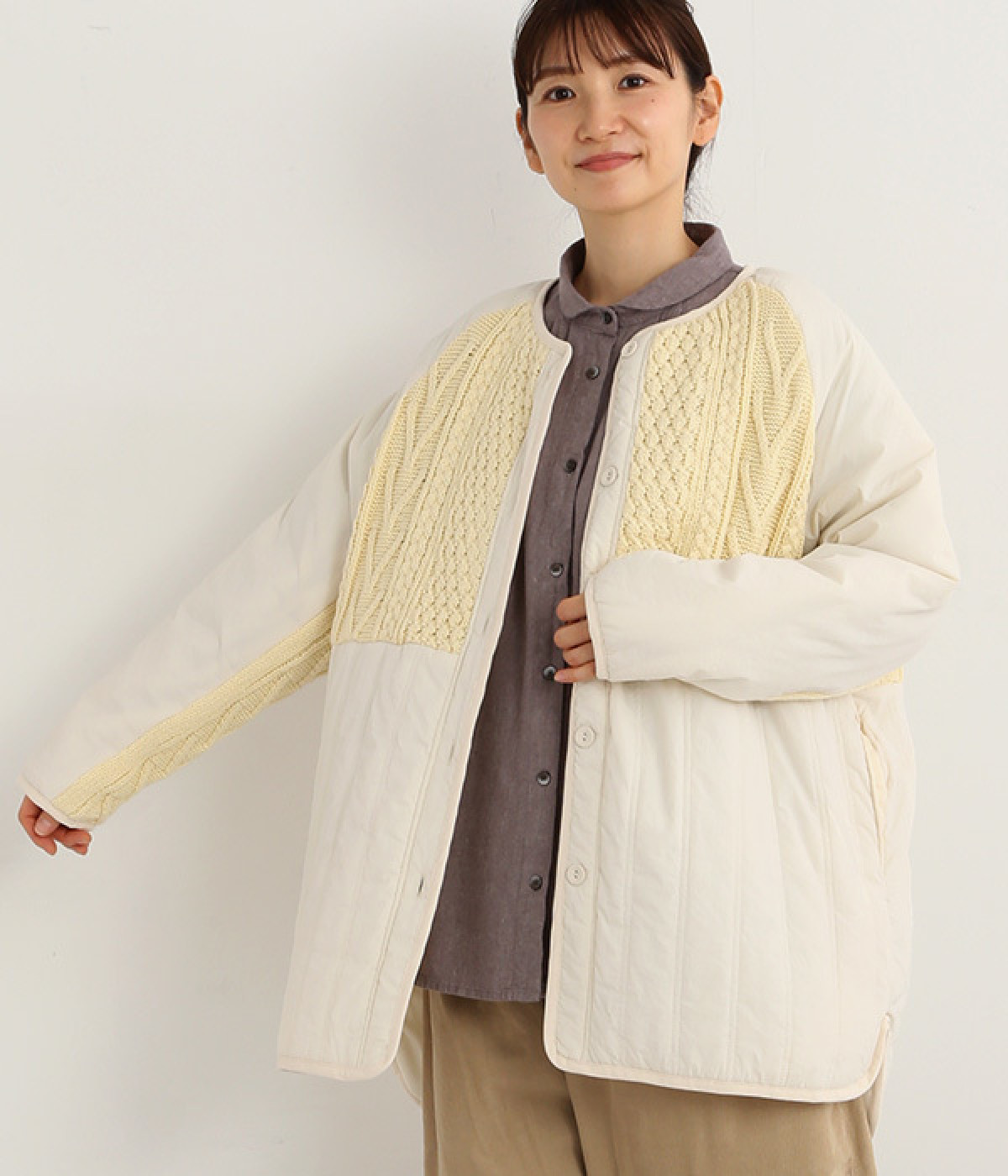 別注｜ニットシャギー切替キルティングミドルコート(アイボリー-ONESIZE)