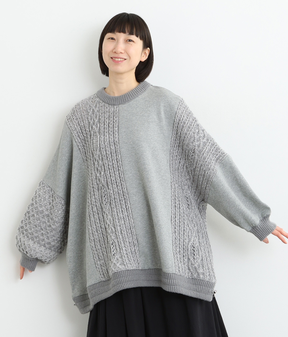 裏毛×ニットドッキングプルオーバー(チャコール-ONESIZE)