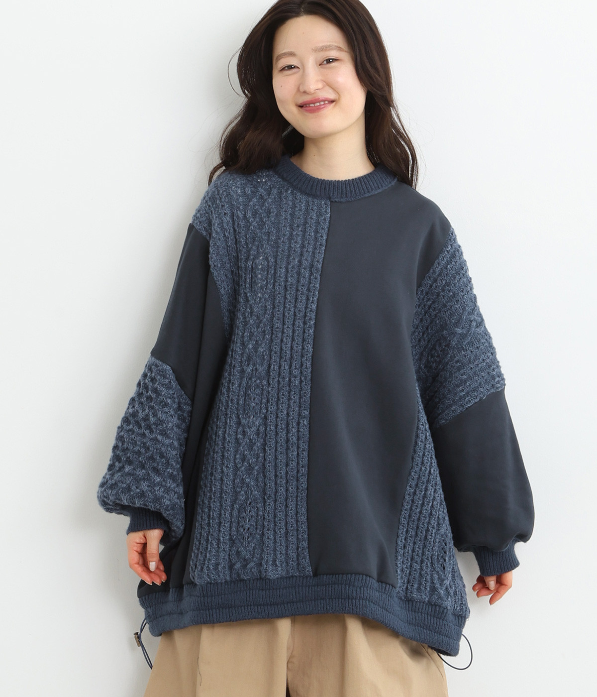 裏毛×ニットドッキングプルオーバー(ネイビー-ONESIZE)
