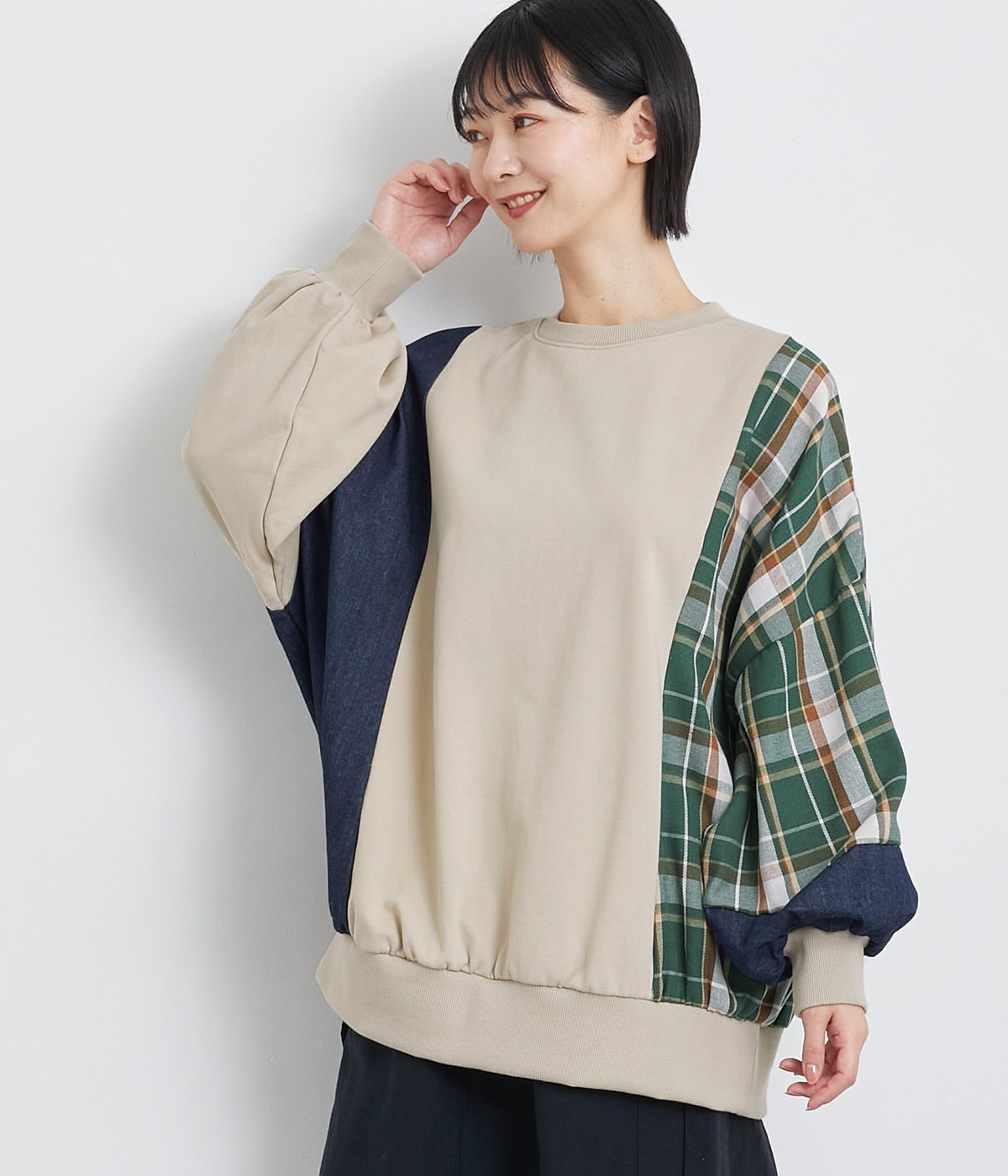 裏毛×ネルチェック×デニムプルオーバー(グレージュ-ONESIZE)