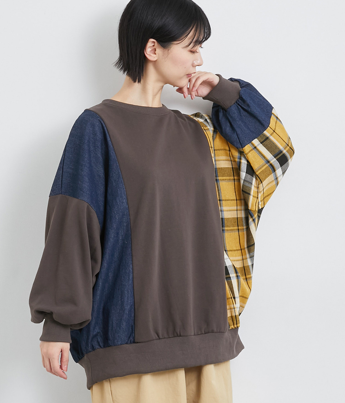 裏毛×ネルチェック×デニムプルオーバー(チャコール-ONESIZE)