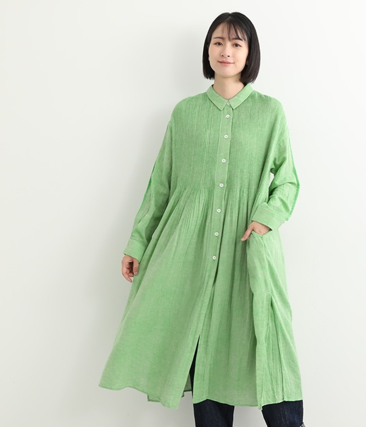 コットンリネンシャンブレーピンタックワンピース(グリーン-ONESIZE)