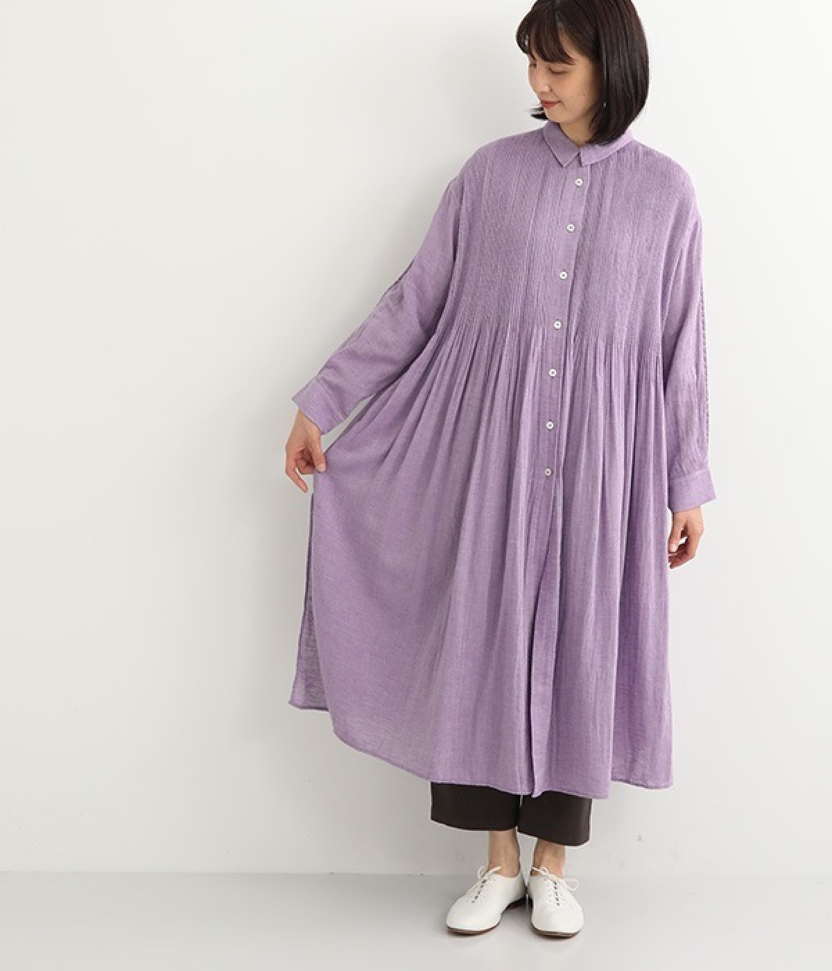 コットンリネンシャンブレーピンタックワンピース(パープル-ONESIZE)