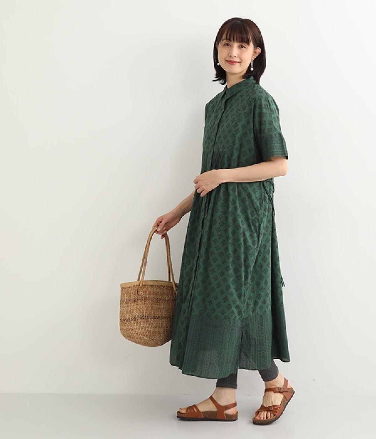 コットンボイルブロックプリントワンピース(グリーン-ONESIZE)