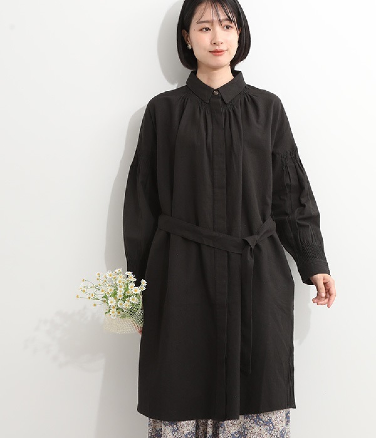 ハンドルームコットンキャンバスタックワンピース(ブラック-ONESIZE)