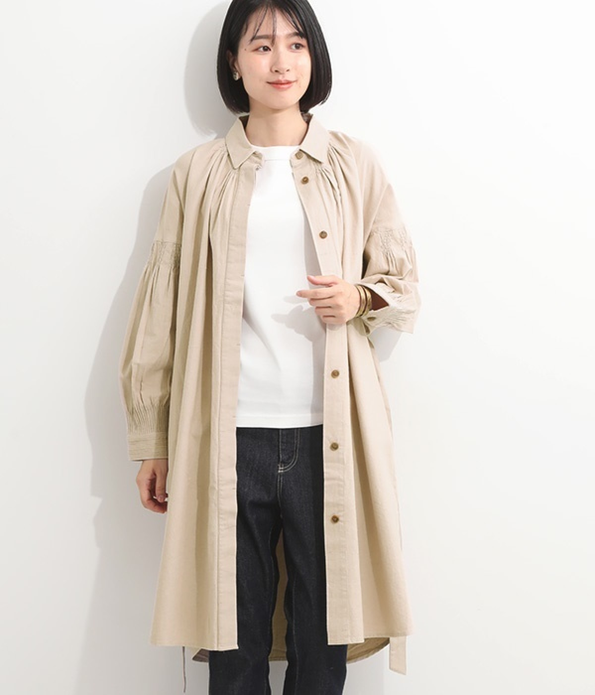 ハンドルームコットンキャンバスタックワンピース(ベージュ-ONESIZE)