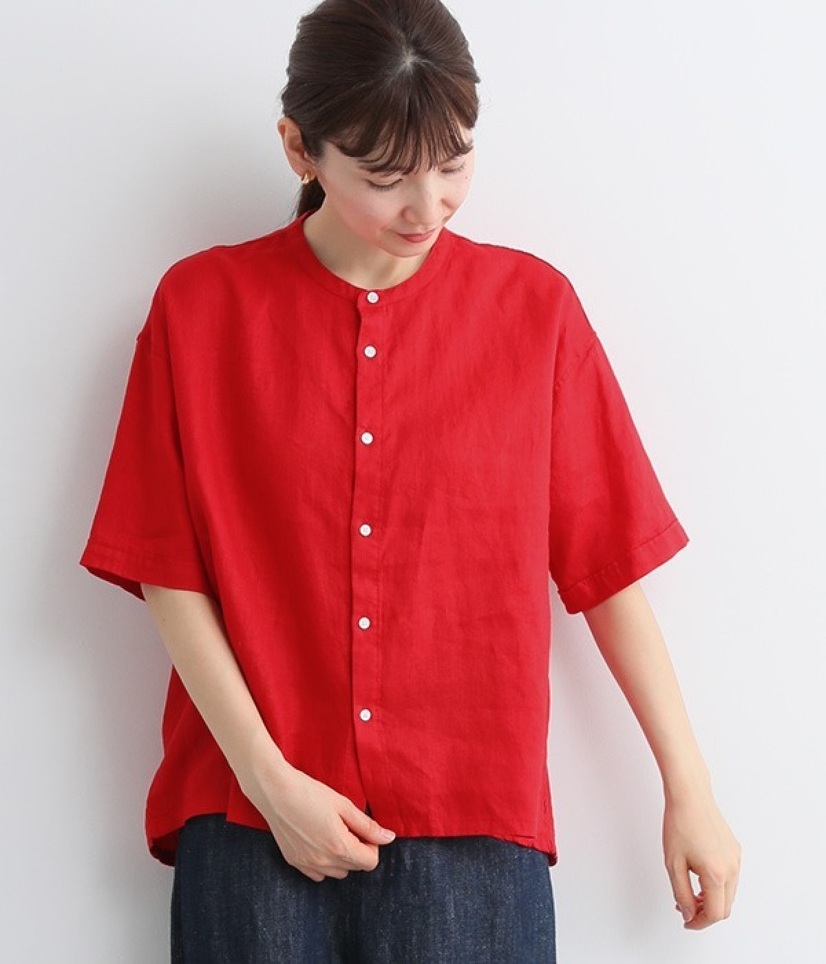 リネンムジ バンドカラーハーフスリーブブラウス(レッド-ONESIZE)