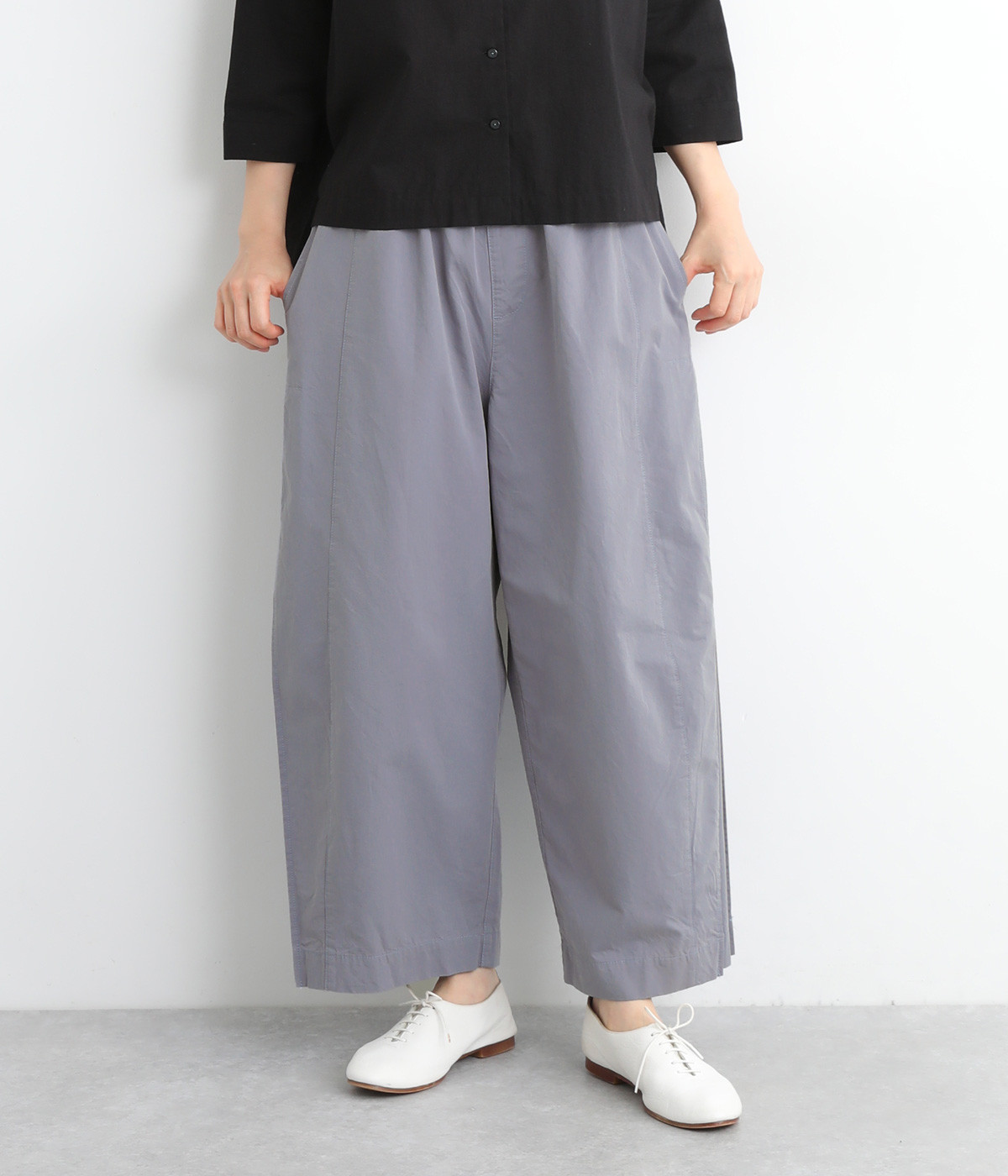 コットンツイルサイドボックスプリーツパンツ(ブルー-ONESIZE)