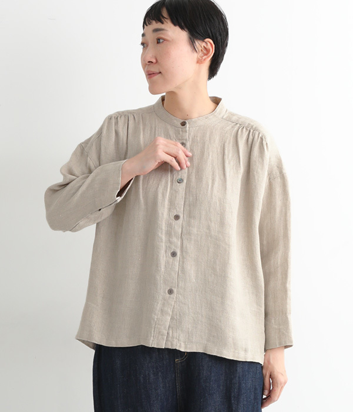 リネンドビーバンドカラーワイドブラウス(ナチュラル-ONESIZE)
