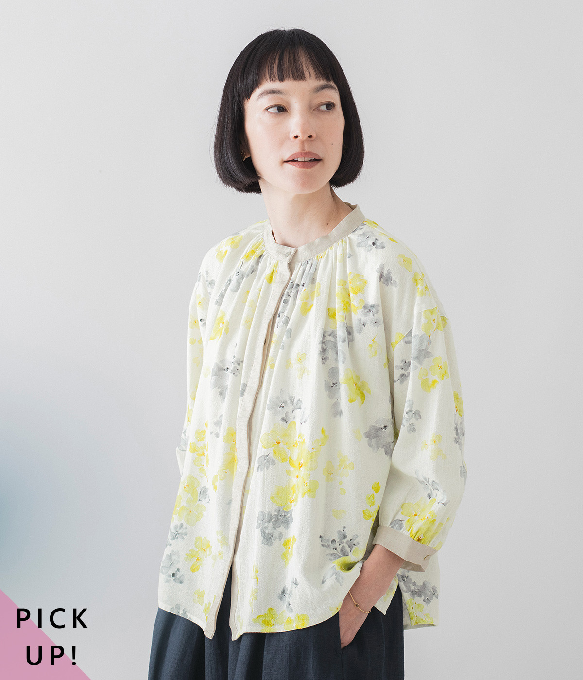 別注｜コットンぼかし花柄ブラウス(イエロー-ONESIZE)