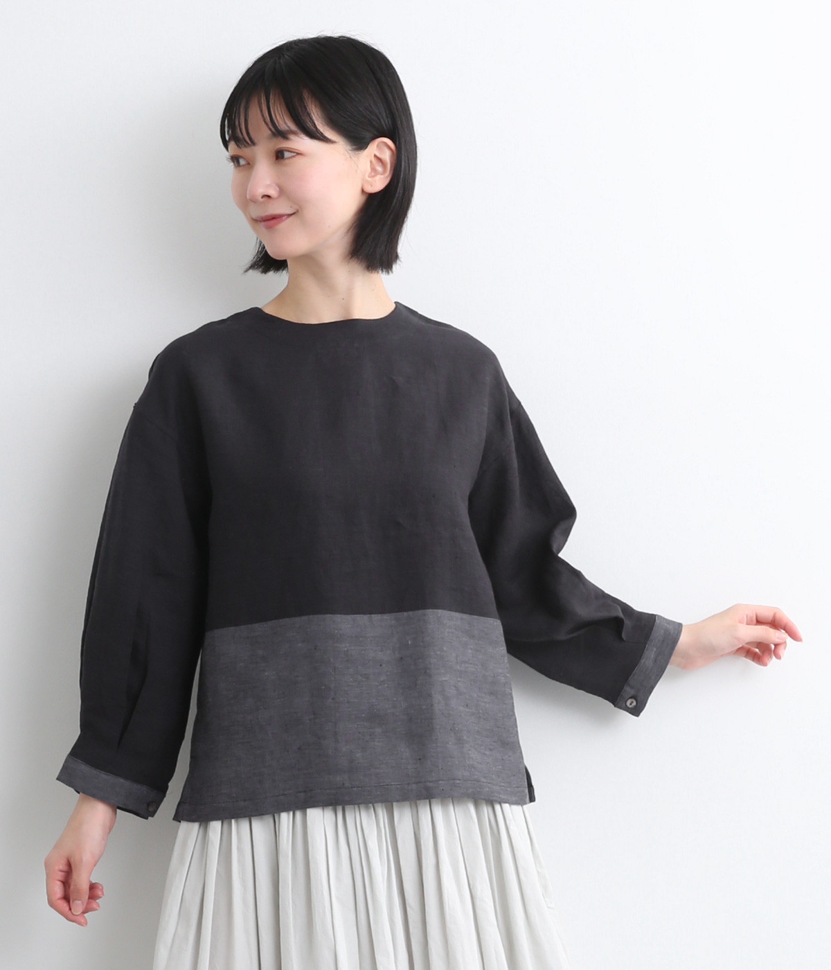 リネンパネルバイカラー2wayブラウス(チャコール-ONESIZE)
