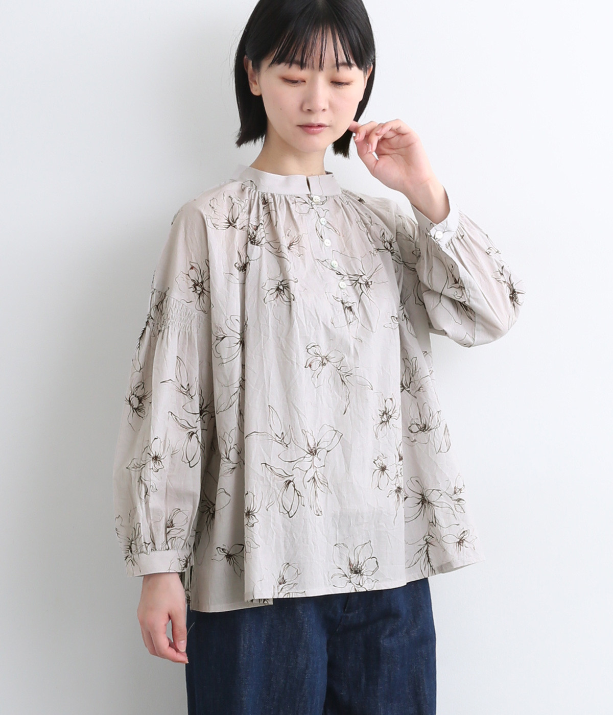 コットンワッシャーフラワープリントギャザーブラウス(ピンク-ONESIZE)
