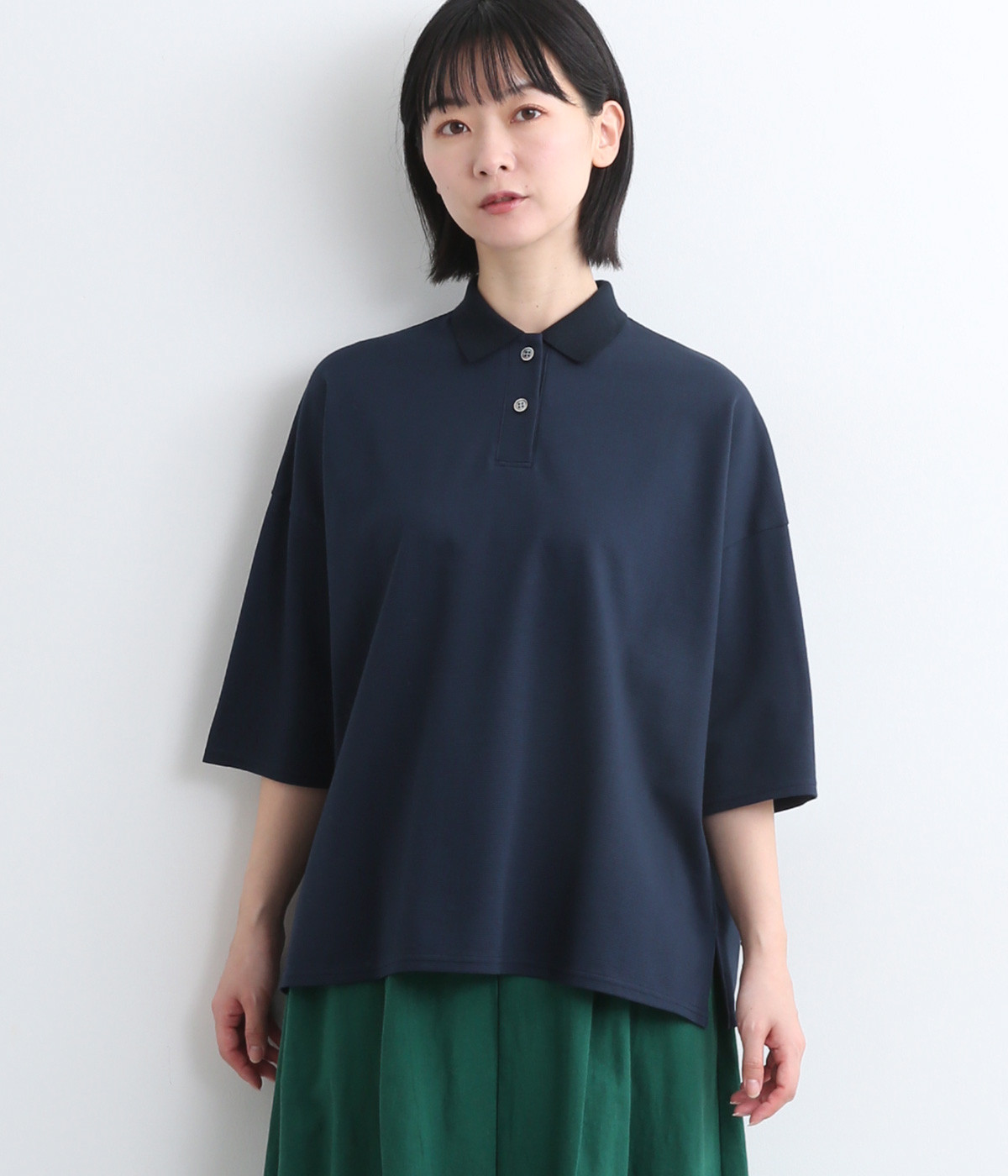 コットンサーフニットポロ襟ワイドプルオーバー(ネイビー-ONESIZE)