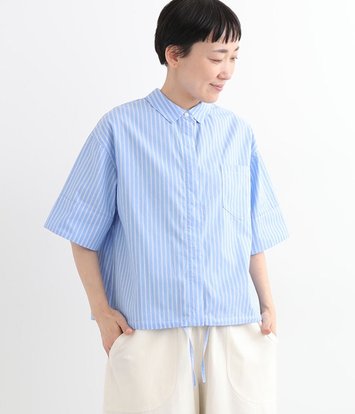 コットンブルーストライプシャツブラウス(サックス-ONESIZE)