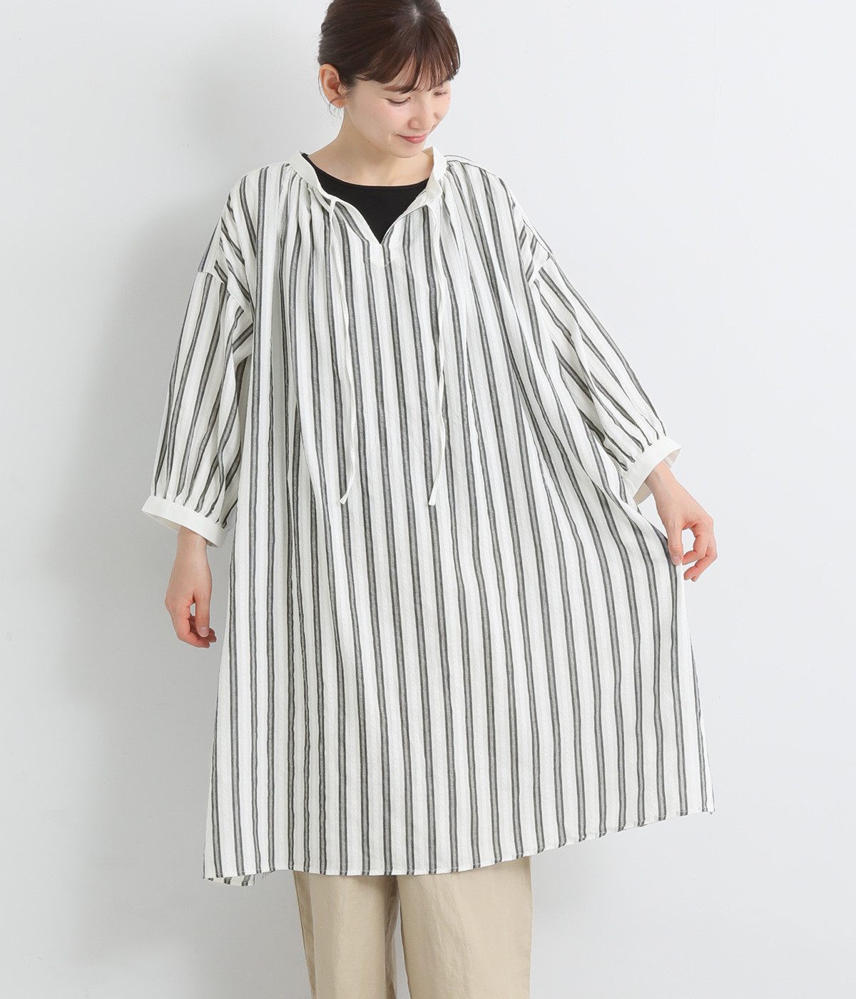 コットンドビーストライプスキッパーチュニック(ネイビー-ONESIZE)