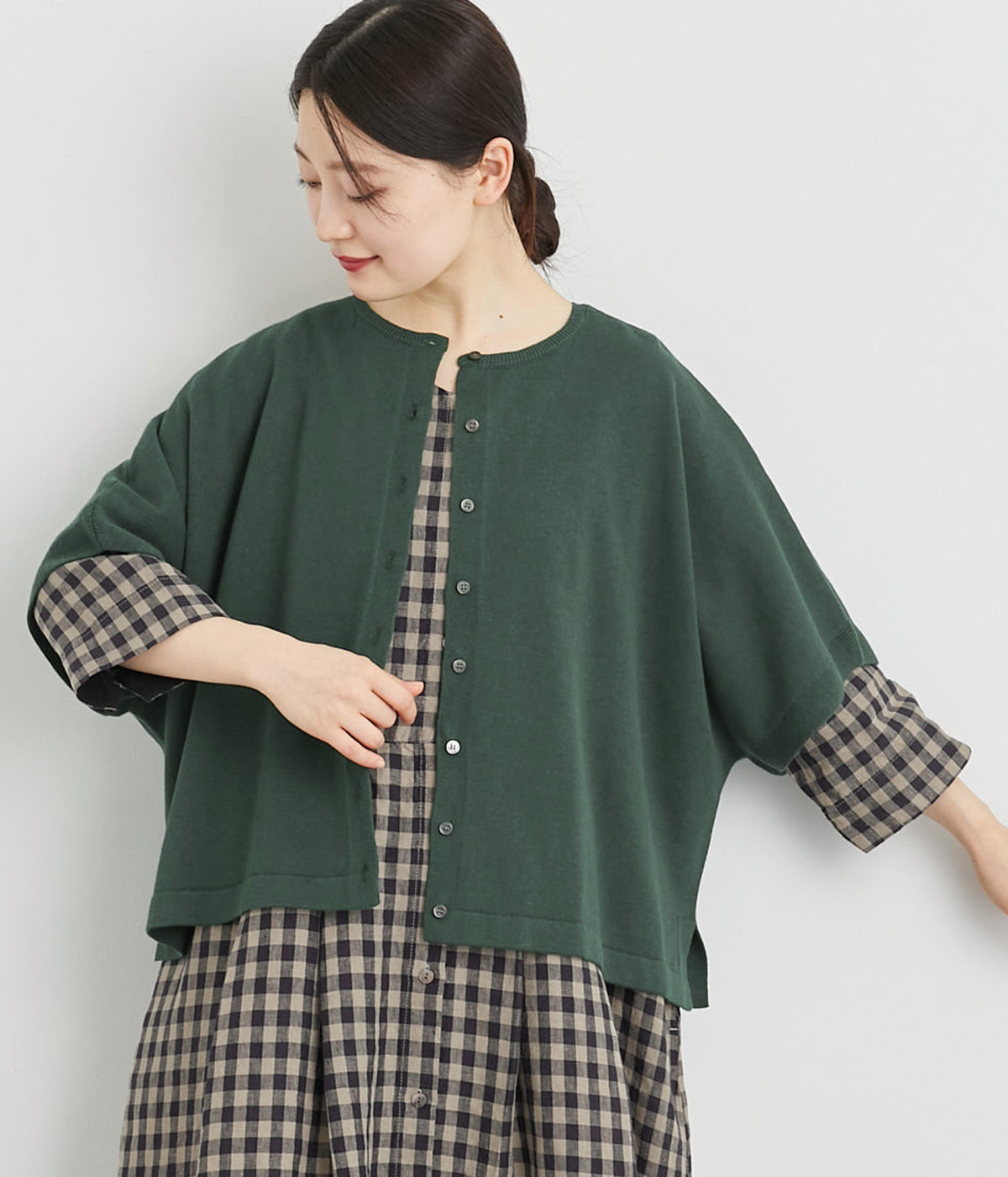 コットンリネンニットカーディガン(グリーン-ONESIZE)