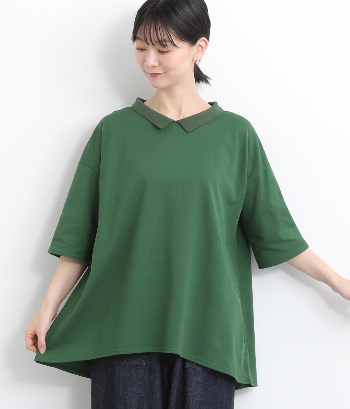 コットンカノコ編立襟プルオーバー(グリーン-ONESIZE)