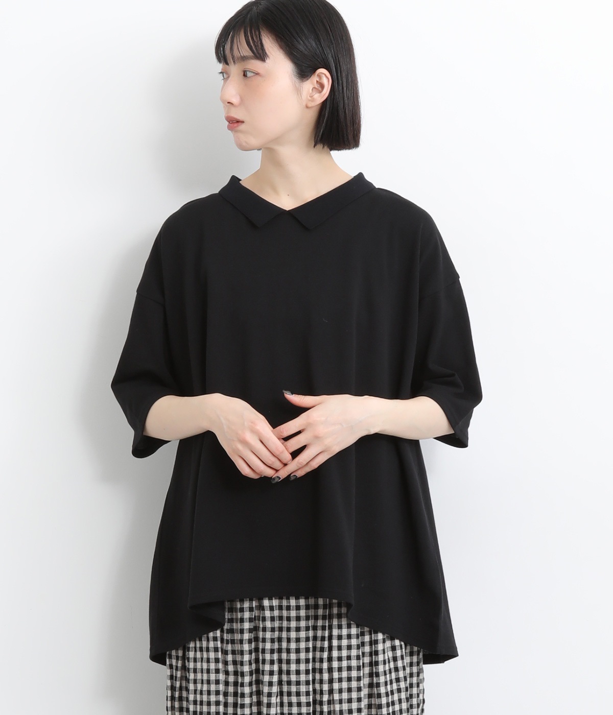 コットンカノコ編立襟プルオーバー(ブラック-ONESIZE)