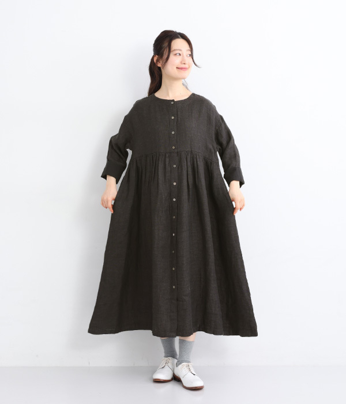 リネンダブルガーゼ2wayワンピース(チャコール-ONESIZE)