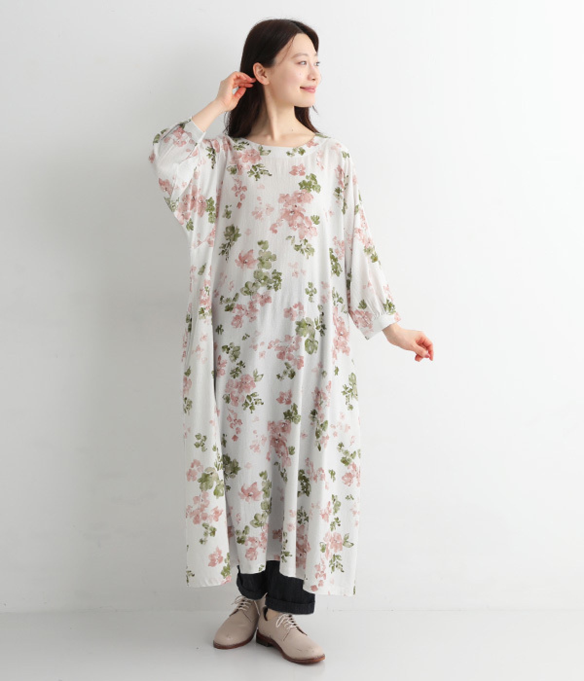 コットンクレープフラワープリントフレアワンピース(レッド-ONESIZE)
