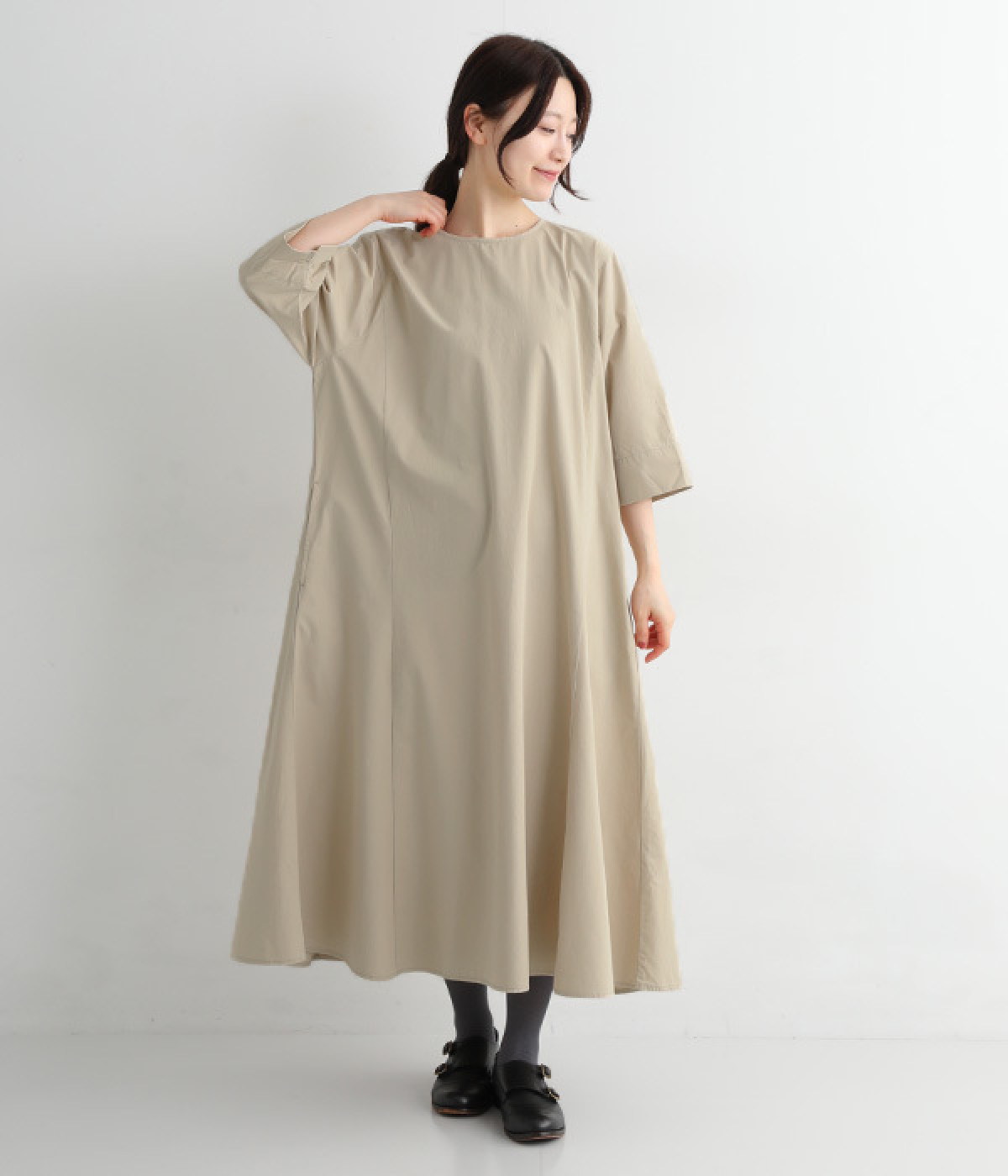 コットンセルロースムジ フレアーワンピース(ベージュ-ONESIZE)