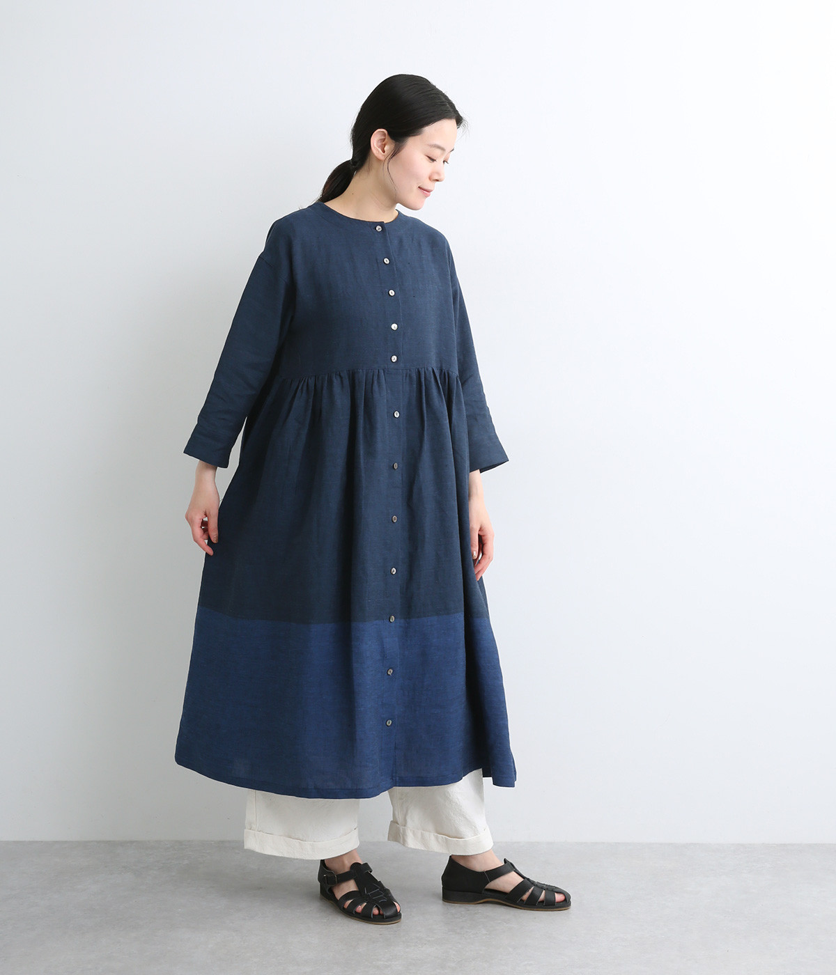 リネンパネルバイカラー2wayワンピース(ネイビー-ONESIZE)