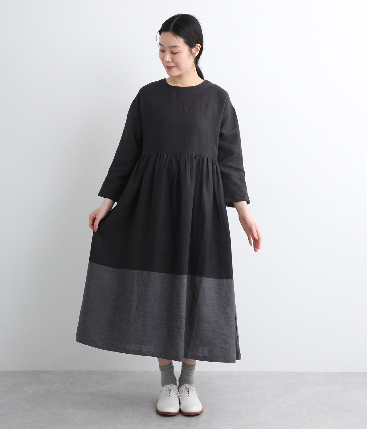 リネンパネルバイカラー2wayワンピース(チャコール-ONESIZE)